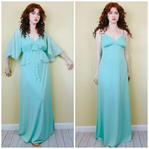 1970s Vintage Mint Green Disco Dress Chiffon Cape and Maxi Medium